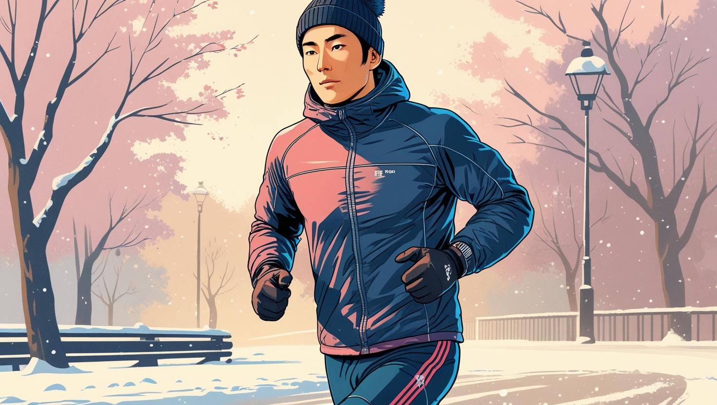 男性ランナー（日本人）、冬のウェア、ややスローなペースで走っている　イラスト風
